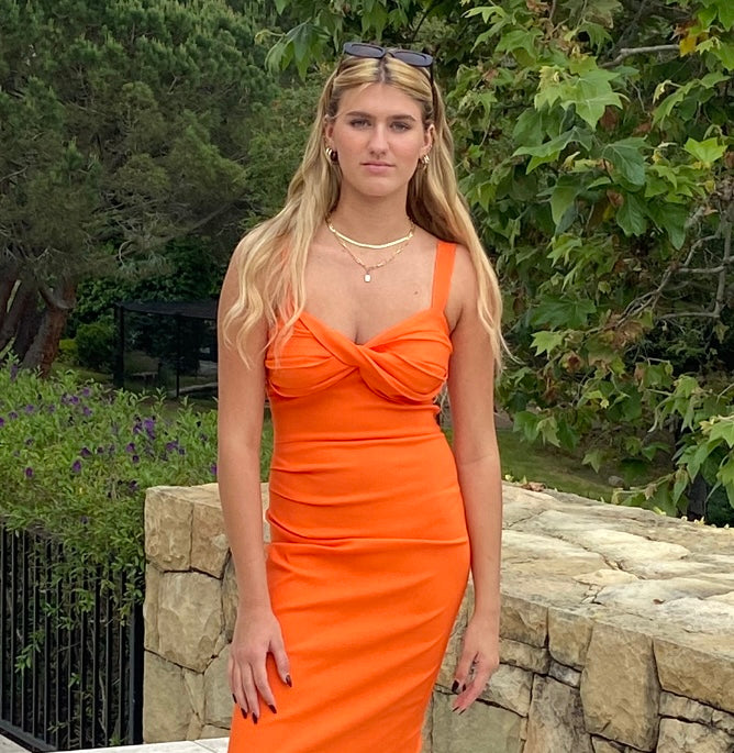 Aperol Spritz Midi Dress by Just Add Heels, Ready to Wear Dresses Made in Los Angeles, Cocktail Dresses, Ready to Wear Day into Night Cocktail Dress, Very Demure Cocktail Dress. www.justaddheels.com