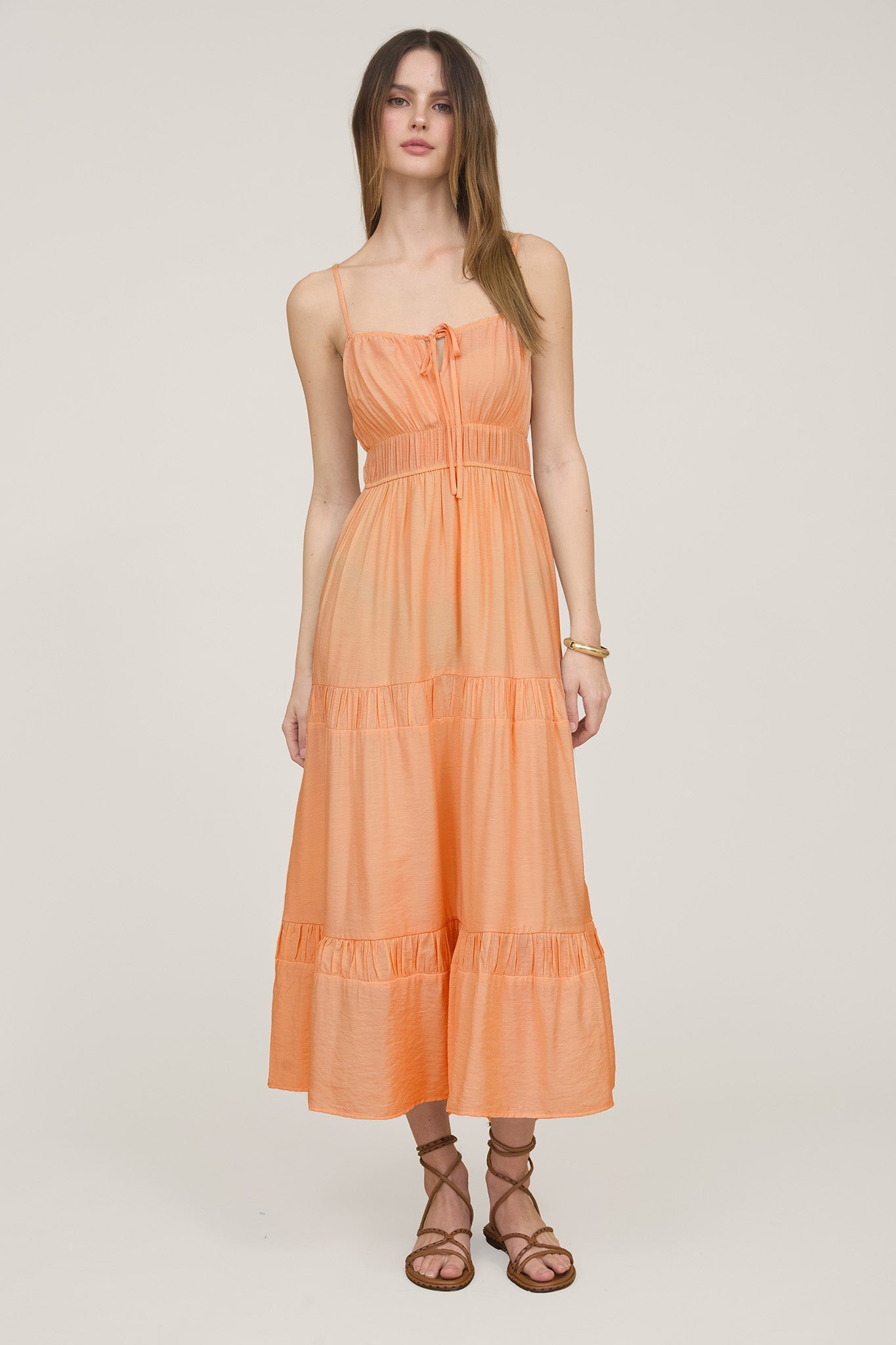 SHIRRED FRONT TIE SLEEVELESS TIERED MIDI DRESS