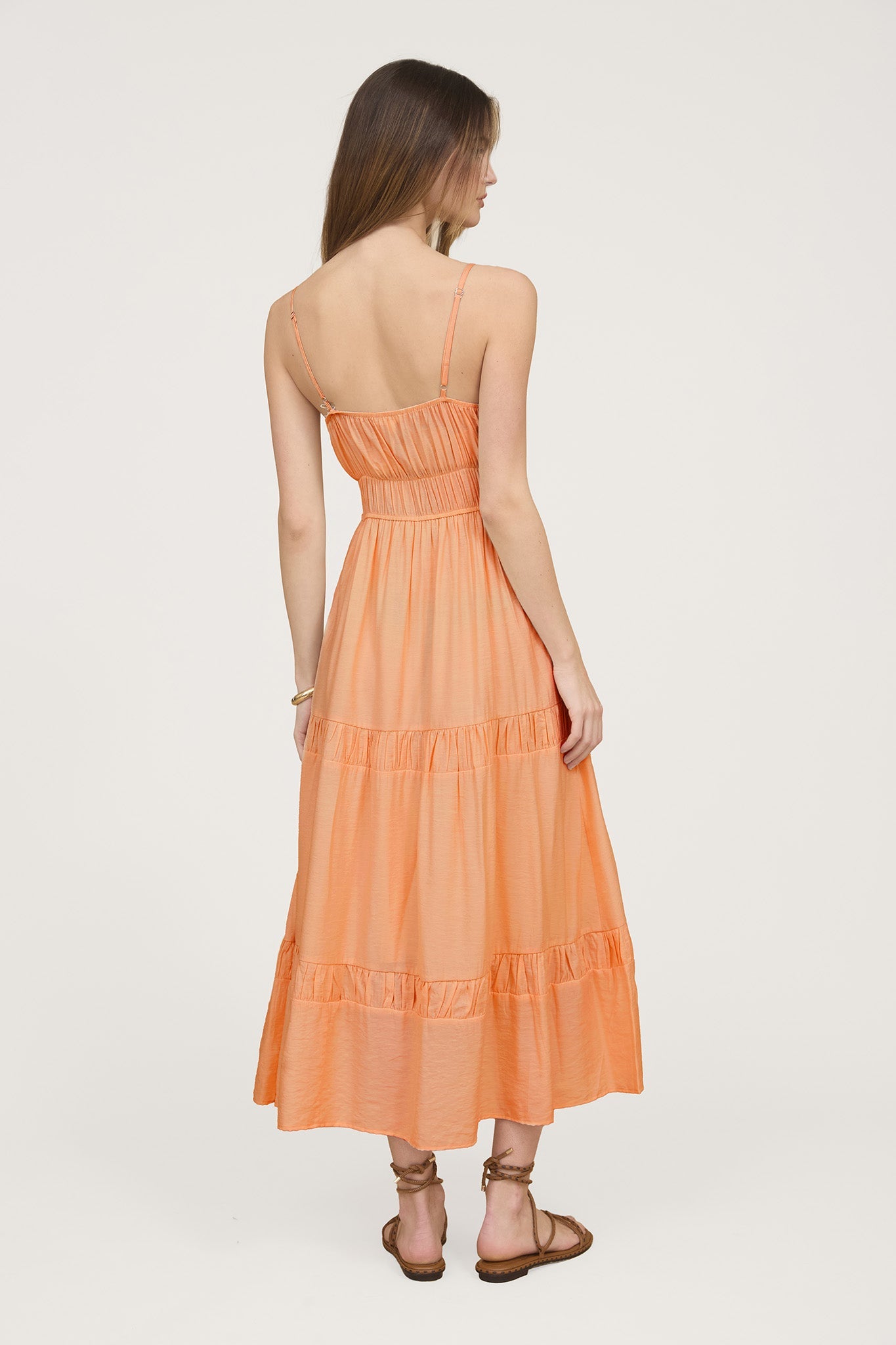 SHIRRED FRONT TIE SLEEVELESS TIERED MIDI DRESS