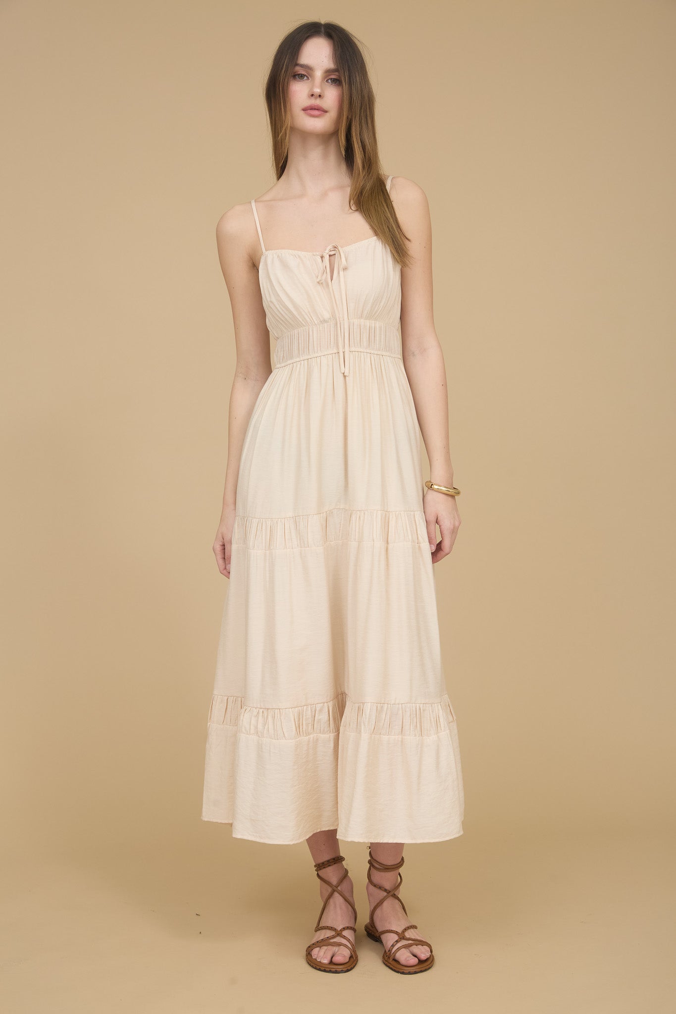 SHIRRED FRONT TIE SLEEVELESS TIERED MIDI DRESS