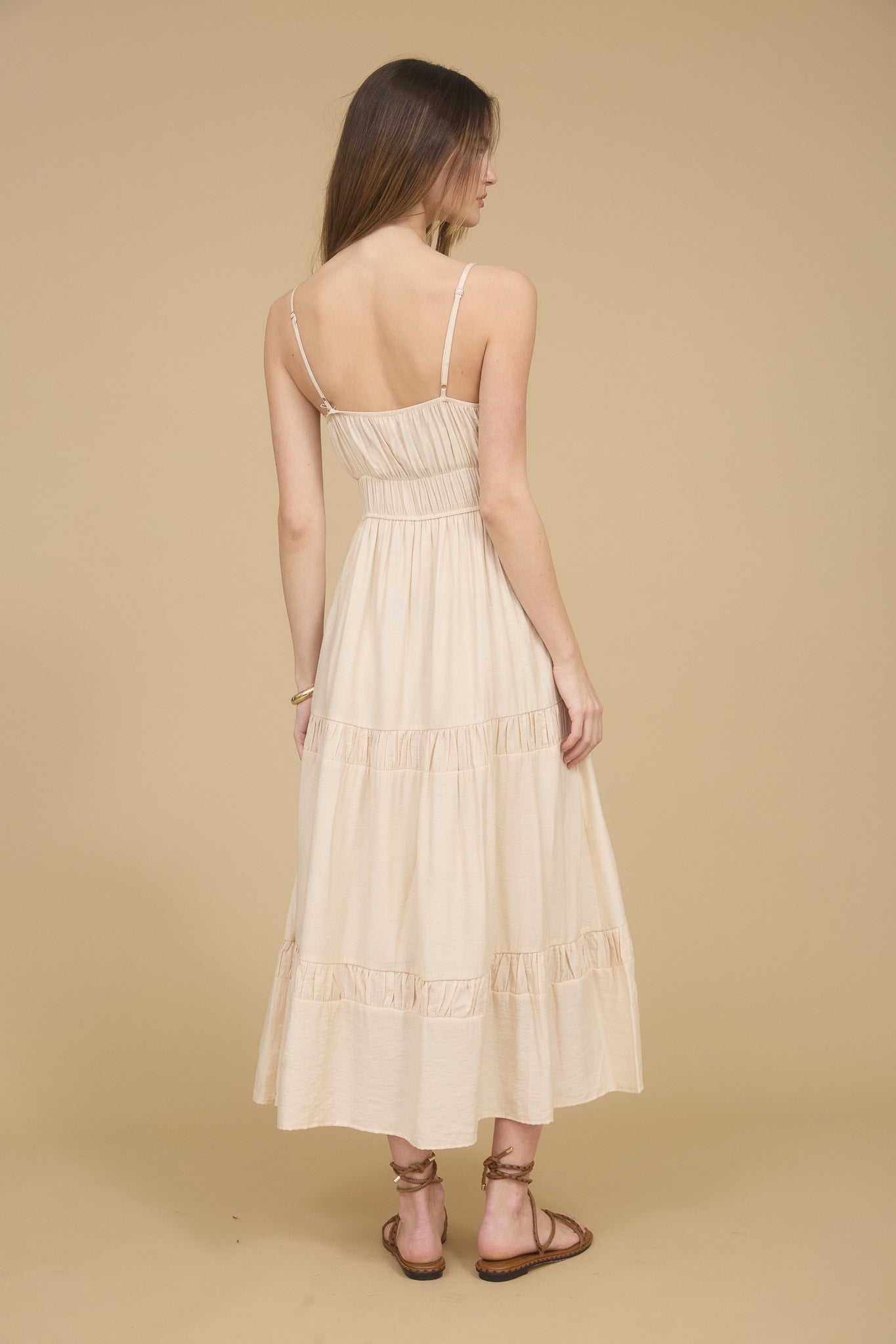 SHIRRED FRONT TIE SLEEVELESS TIERED MIDI DRESS