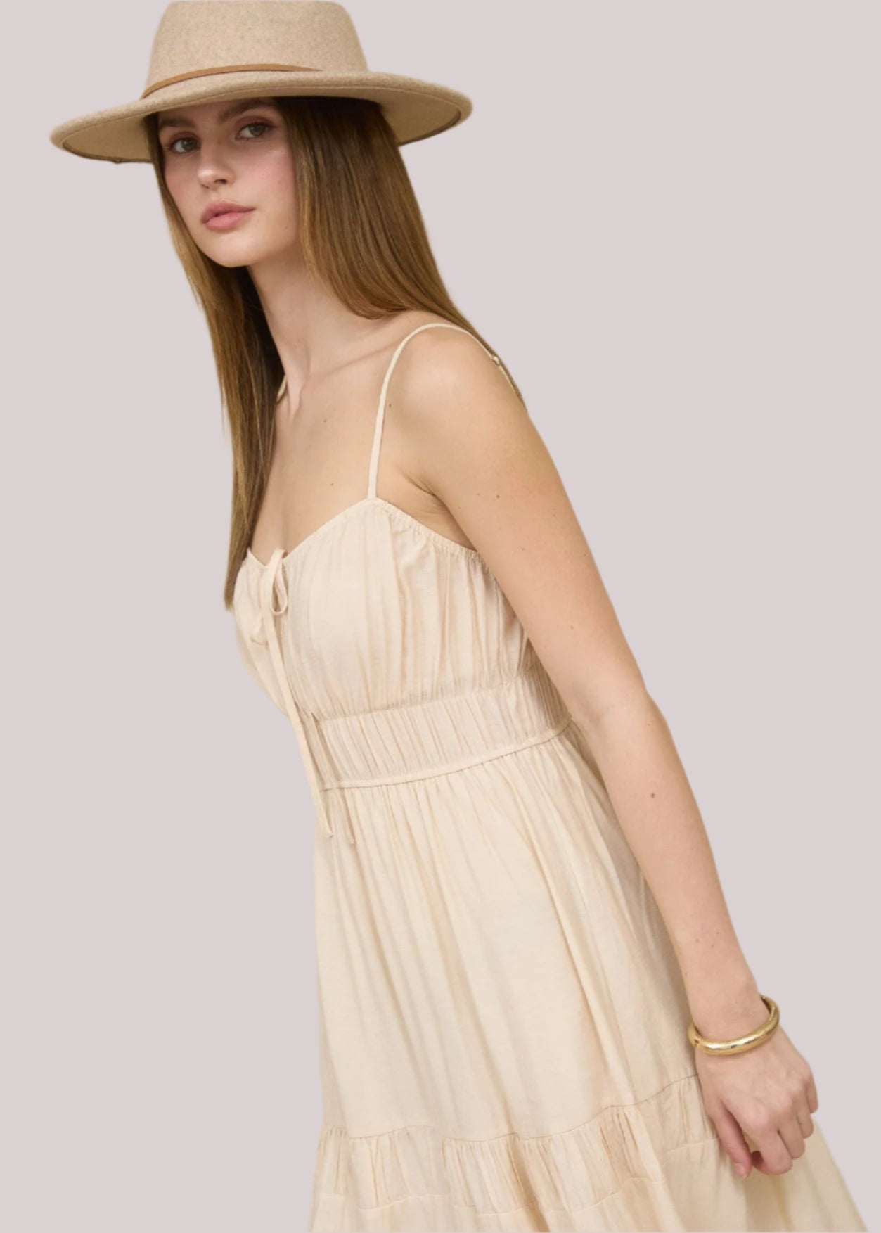 SHIRRED FRONT TIE SLEEVELESS TIERED MIDI DRESS