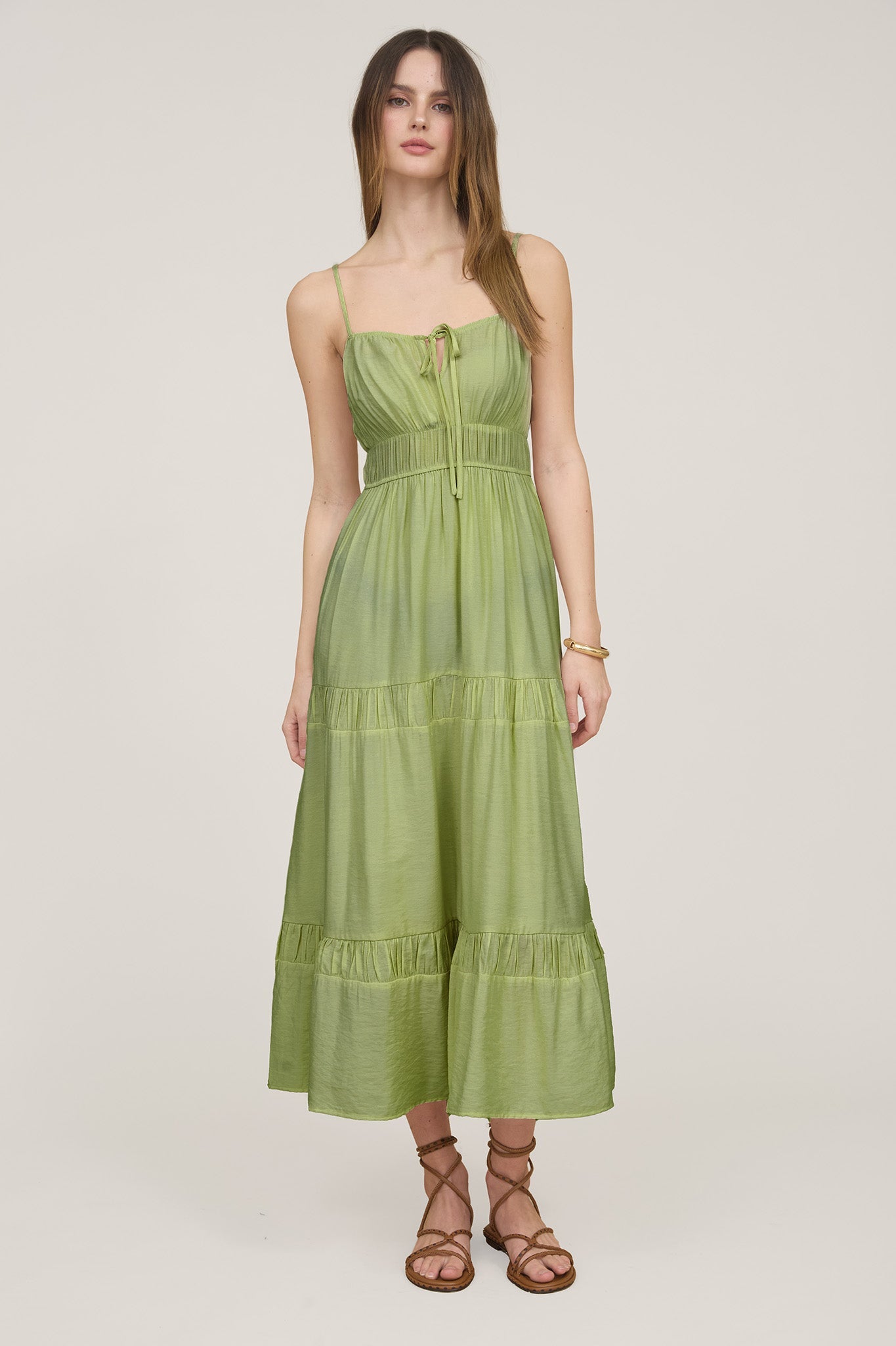 SHIRRED FRONT TIE SLEEVELESS TIERED MIDI DRESS