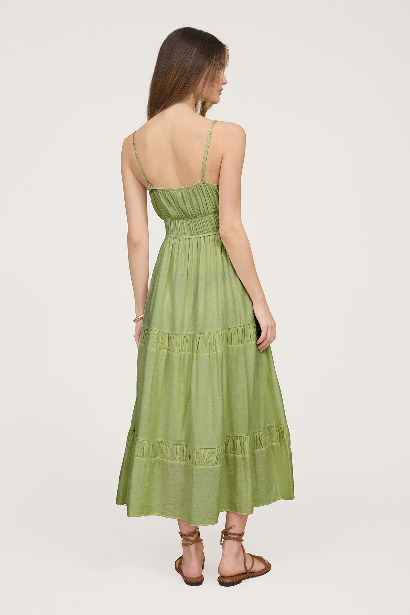 SHIRRED FRONT TIE SLEEVELESS TIERED MIDI DRESS