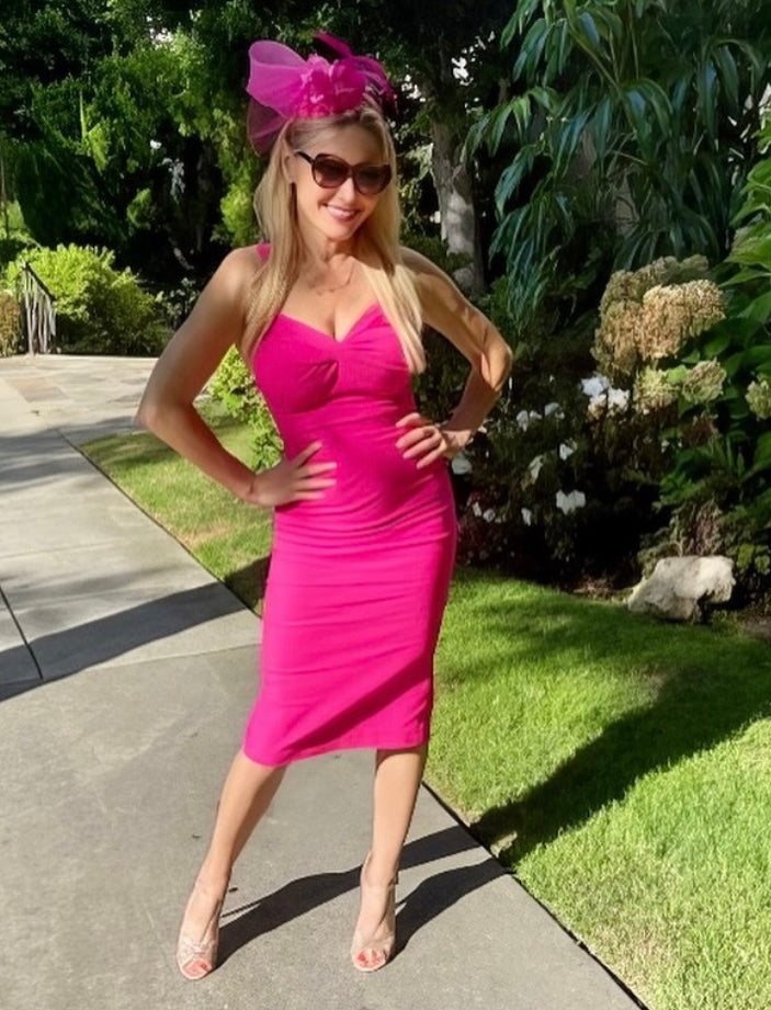 Hot Pink Resort Wear Midi Dress by Just Add Heels Made in Los Angeles. Very Demure Ready to wear Pink Cocktail Dress  with stretch.  Perfect for day into night or your next dinner party, cocktail party, vacation or anytime at all. www.justaddheels.com