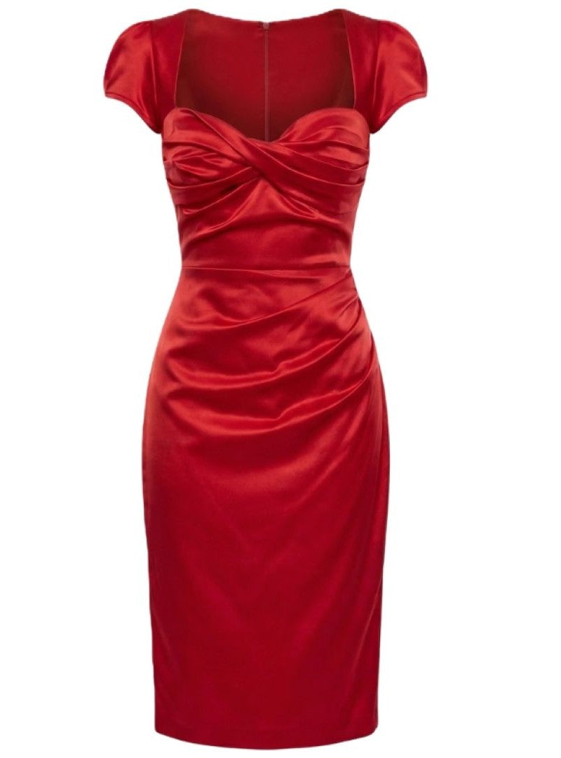 red satin pencil dress Retro Stage Satin Bowknot Solid Pencil Dress Rose Red,S