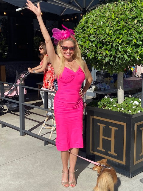 Hot Pink Resort Wear Midi Dress by Just Add Heels Made in Los Angeles. Very Demure Ready to wear Pink Cocktail Dress  with stretch.  Perfect for day into night or your next dinner party, cocktail party, vacation or anytime at all. www.justaddheels.com