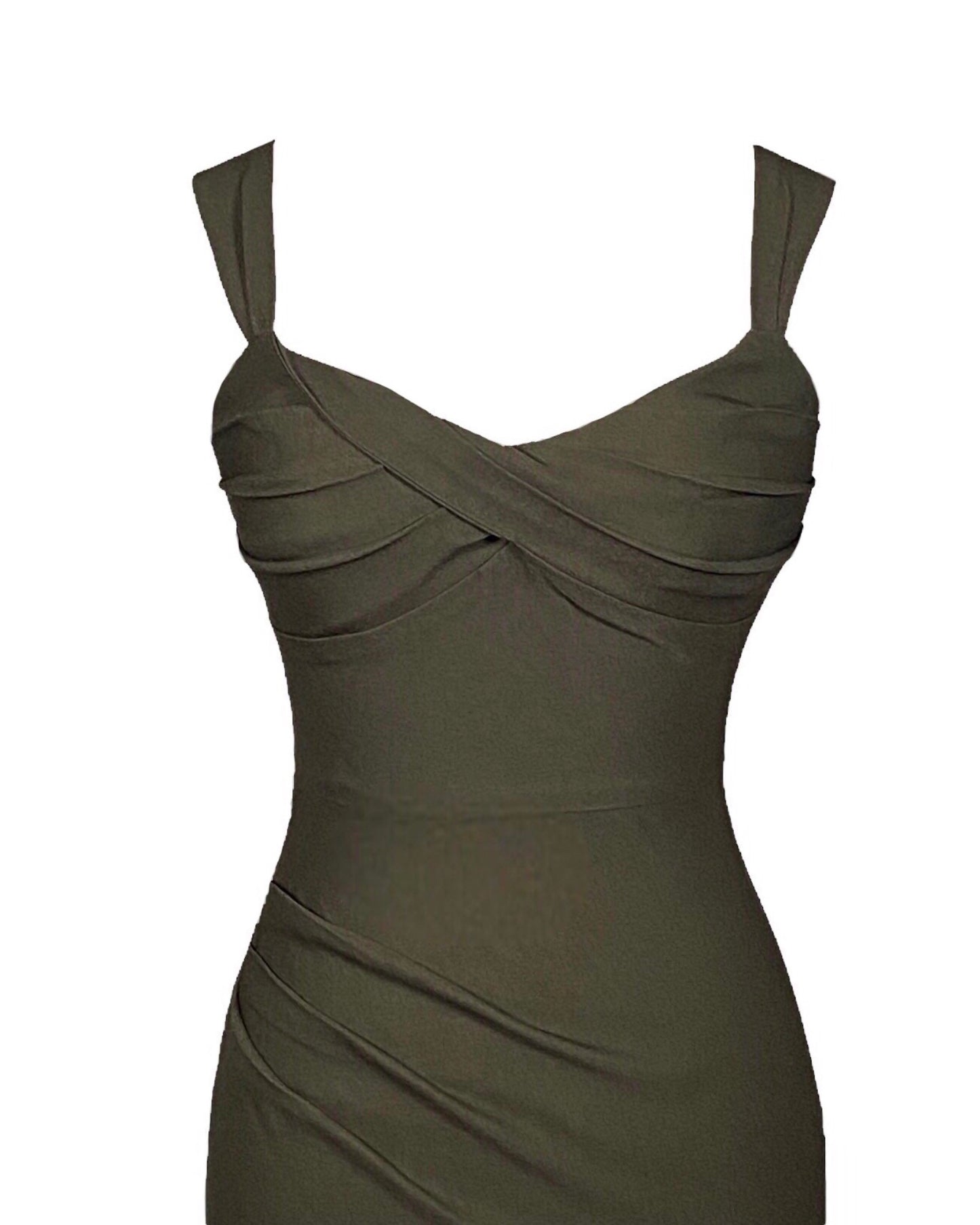 Our Demure Olive Green Midi Dress by Just Add Heels, with a nice stretch that can be worn day into night or anytime at all.  Ready to wear anywhere and is Made in Los Angeles. www.justaddheels.com