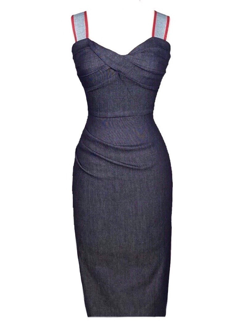 Italian Denim Midi Dress by Just Add Heels. Very Demure Denim Dress. Ready to Wear Anywhere and Made in Los Angeles. www.justaddheels.com