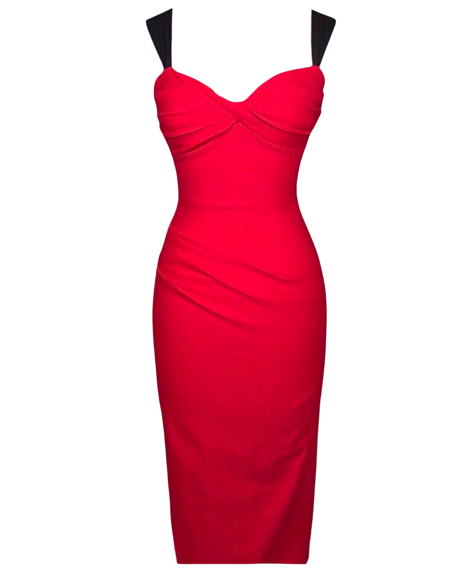 Very Demure Red Gigi Midi Dress by Just Add Heels.  This Red Dress with Black Straps is ready to wear anywhere and is Made in Los Angeles.  Go from day into night in comfort and style.  www.justaddheels.