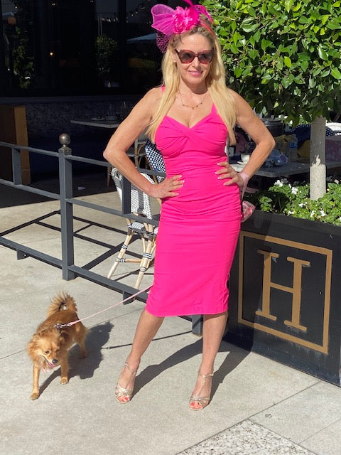 Hot Pink Resort Wear Midi Dress by Just Add Heels Made in Los Angeles. Very Demure Ready to wear Pink Cocktail Dress  with stretch.  Perfect for day into night or your next dinner party, cocktail party, vacation or anytime at all. www.justaddheels.com